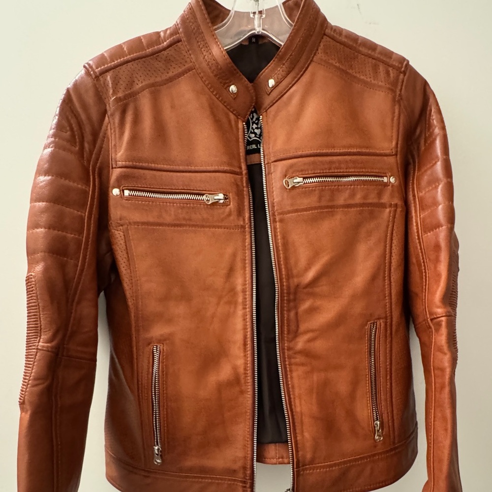 😍 Brown REAL Leather Jacket Tan Biker Oversized Coat Authentic *Brand New*